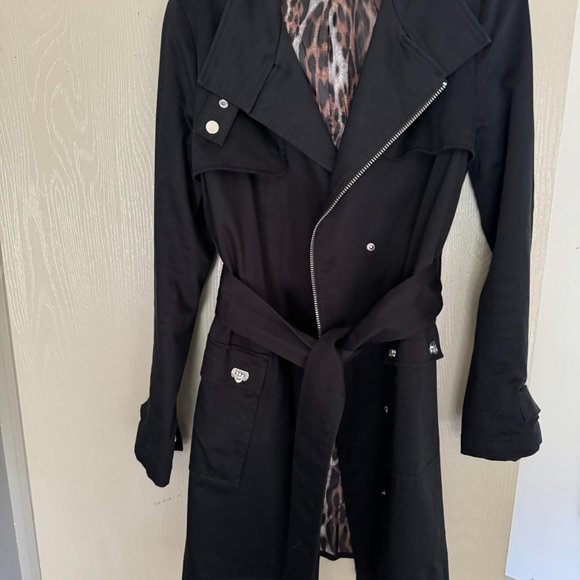 Excellent Trendy Trench Coat Belt Cotton Small 4 Above Knee Animal Print Lining - Picture 4 of 10